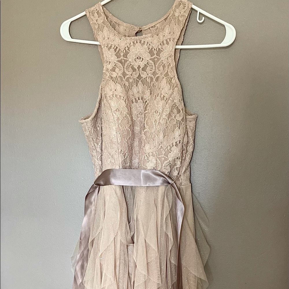 Teeze me layered sparkly peach dress with mauve tie